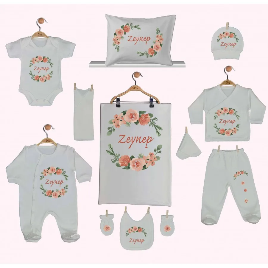 

Hospital Output Set New Born Baby Girl set 11 Piece set 100 Cotton Production Custom Name lettering Custom Pouch Baby kit 2021 summer