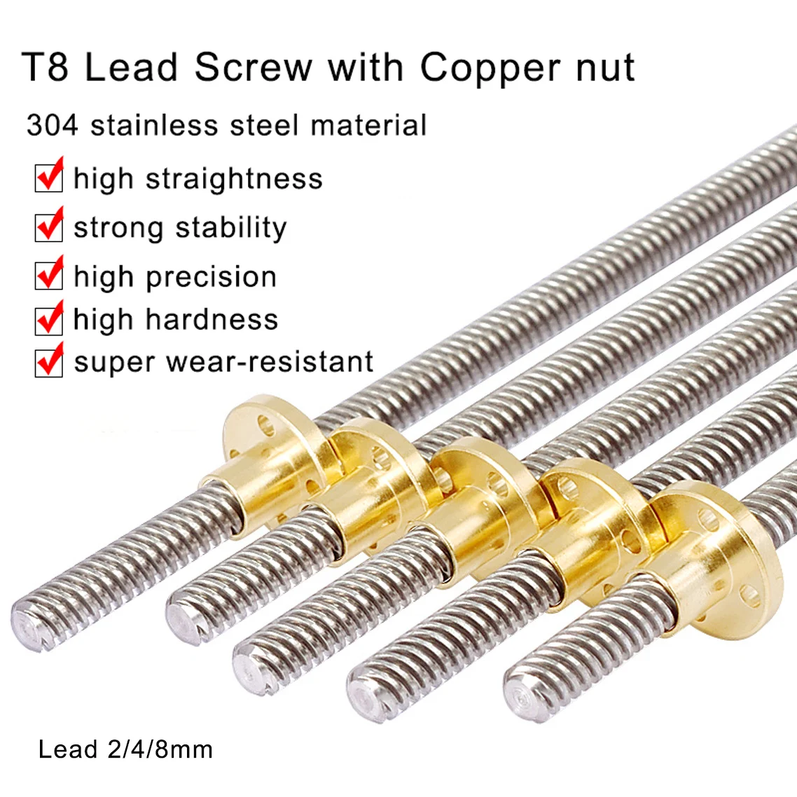 for 3D Printer Z Axis Acme Thread 200mm 8mm T8 Lead Screw and Copper Nut 