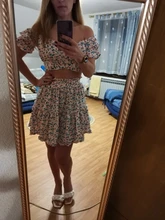 Vestido de verano con volantes y estampado Floral, Trajes de dos piezas, hombros descubiertos, mangas abullonadas, Top y Mini conjuntos de falda, Espalda descubierta, 2021