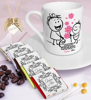 

Personalized Dear Mom Coffee cup Chocolate Angel Wing Necklace Set-17 with