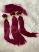 Mechones rojos con cierre, 1B99J color borgoña, cabello humano liso brasileño, 3 mechones con cierre, cabello humano Remy tejido