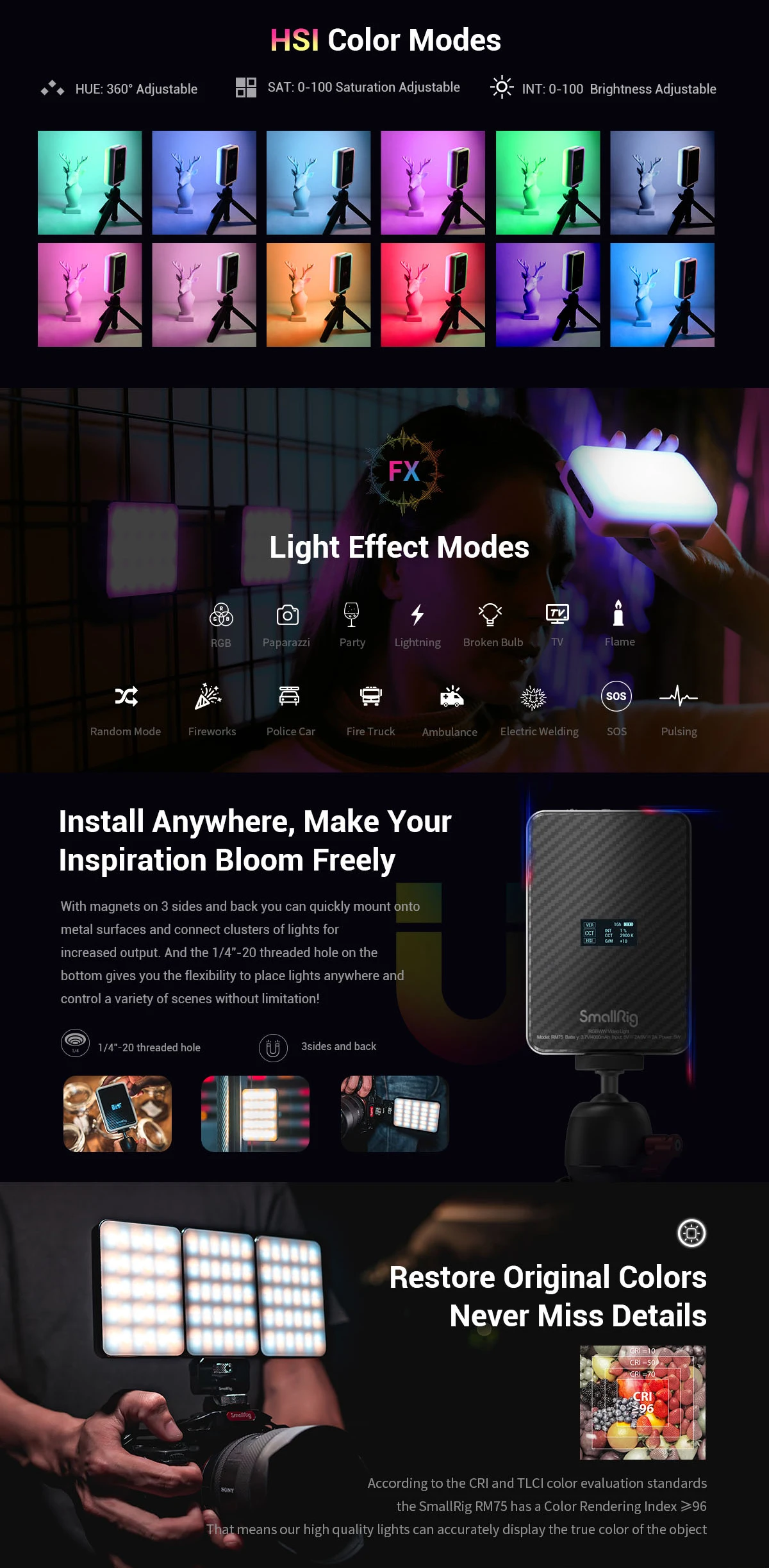 SmallRig RM75 Magnetic Smart LED Light Remote Control Video Light 2500K-8500k 15