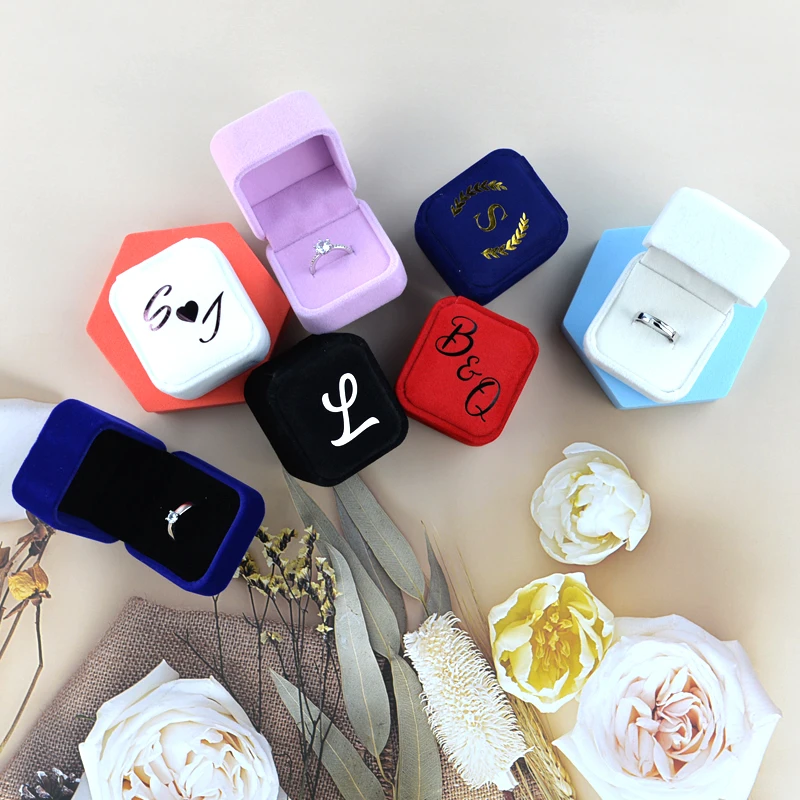 

Custom Velvet Ring Box Personalized Square Engagement Love Jewelry Valentines Wedding Bridal Proposal Ring Case Holder Box Gifts