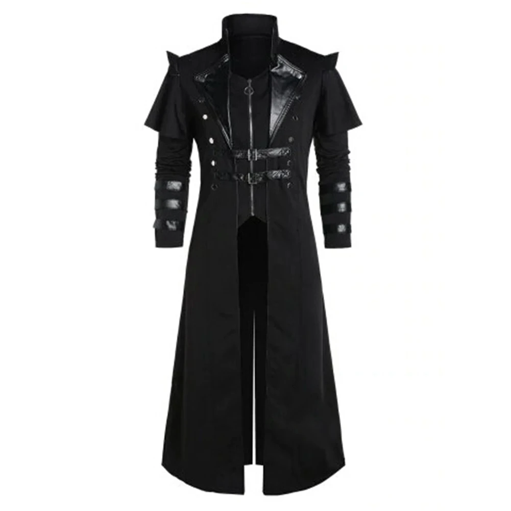 Men's Steampunk Trench Coat Gothic Victorian Slim Suit Jacket Halloween Solid Double Breasted Coat 
