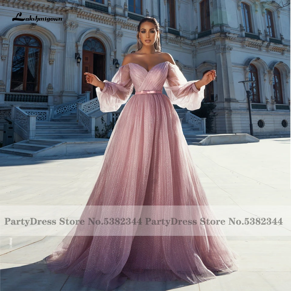 Pink Floral Embroidery Princess Stand Collar Long Sleeve Evening Gown