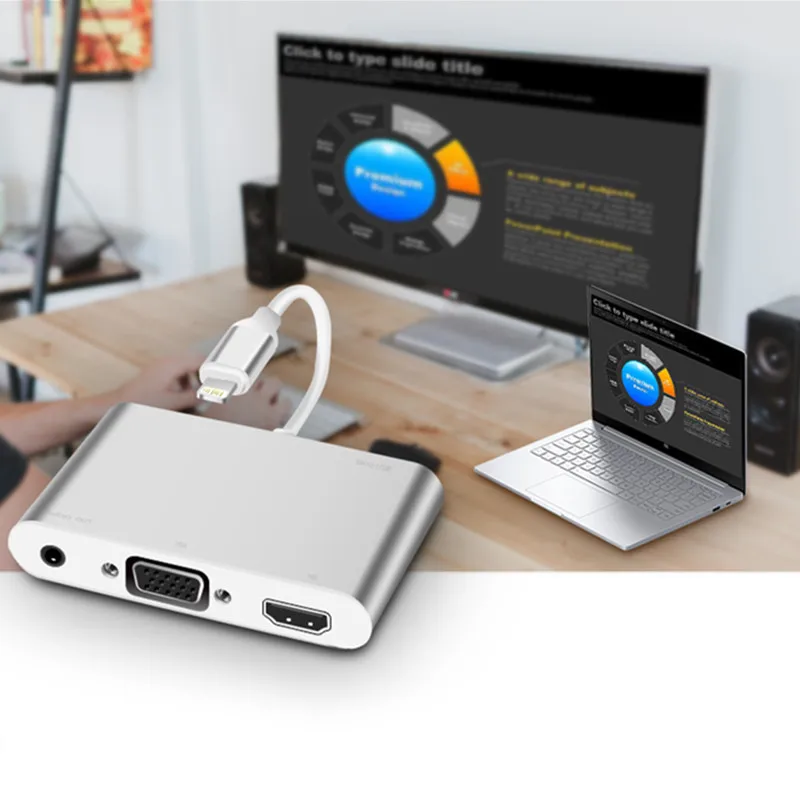 

USB HDMI + VGA Audio Adapter Video One For Three Converters HD Output Plug And Play Copper Core Converter Equipment 0.2M For IOS