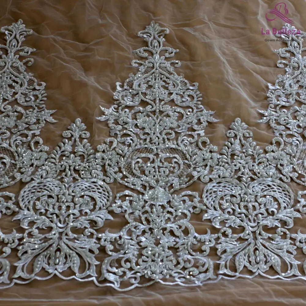 

La Belleza 2019 new 75cm width Pure white Bilateral Beaded sequins lace trim gorgeous lace trim for bridal accessories 1 yard