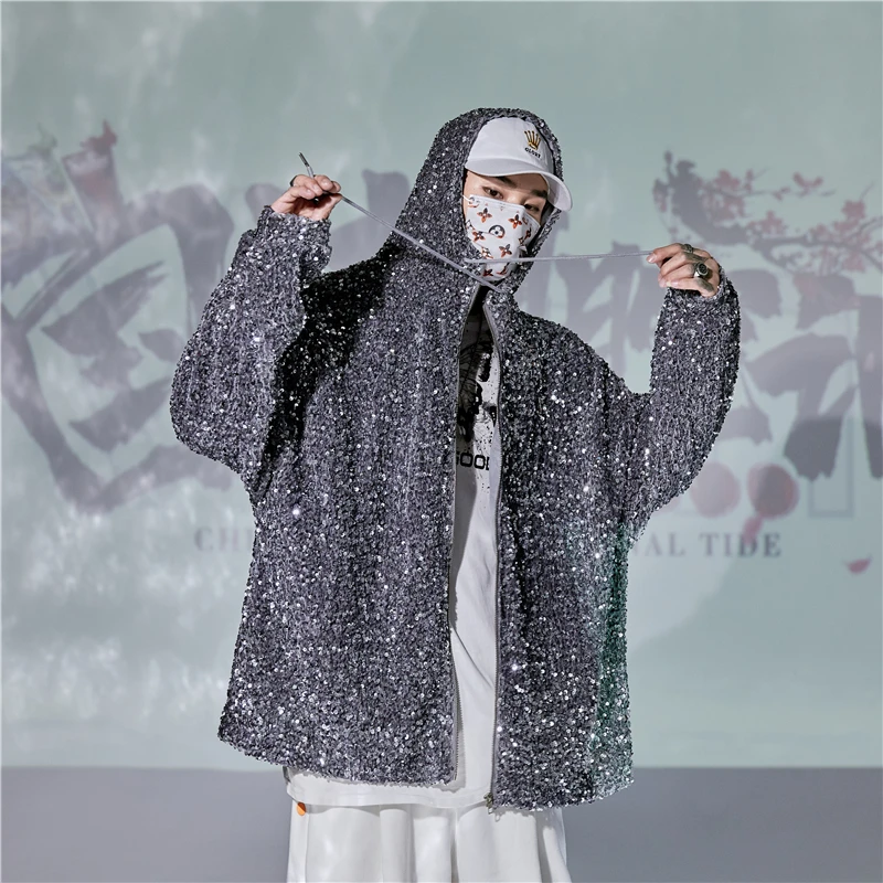 New Sequin Hooded Jacket Men Streetwear Korean Hip Hop Harajuku Fashion Coat Autumn Zipper Loose Party Nightclub Stage Costumes