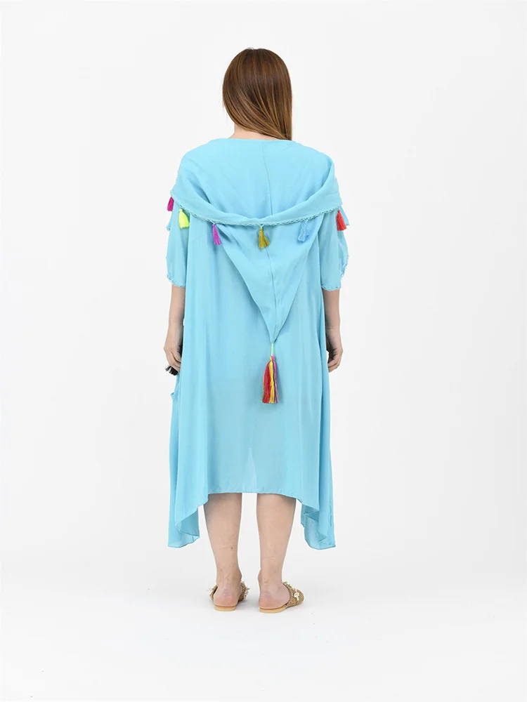 Tassel Detailed Hooded Cape 2022 Women's Summer Outerwear Turquoise Red Green Purple Black White Color Options Wicca Cloak