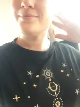 Women's T-Shirts Short-Sleeve Embroidery Black Top White Fashion-Star Korean Casual O-Neck