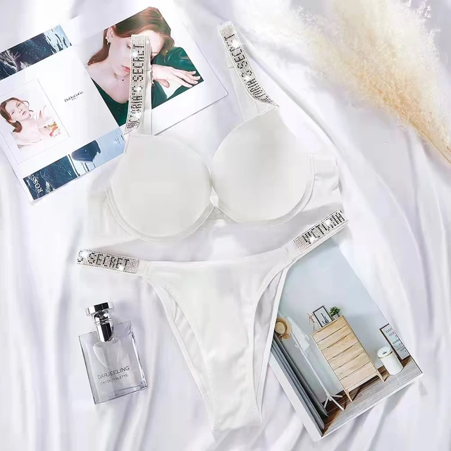 New VICTORIA’S SECRET Fashion Women Plus Size Bra Panty 2 Piece Push Up Sexy Underwear Briefs Set Letter Rhinestone Lingerie Set VS