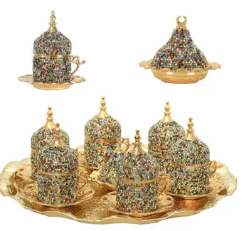 

Handmade authentic design turkish greek arabic coffee Espresso set 6 service, cups with lid tray arbitrary candy dish gift