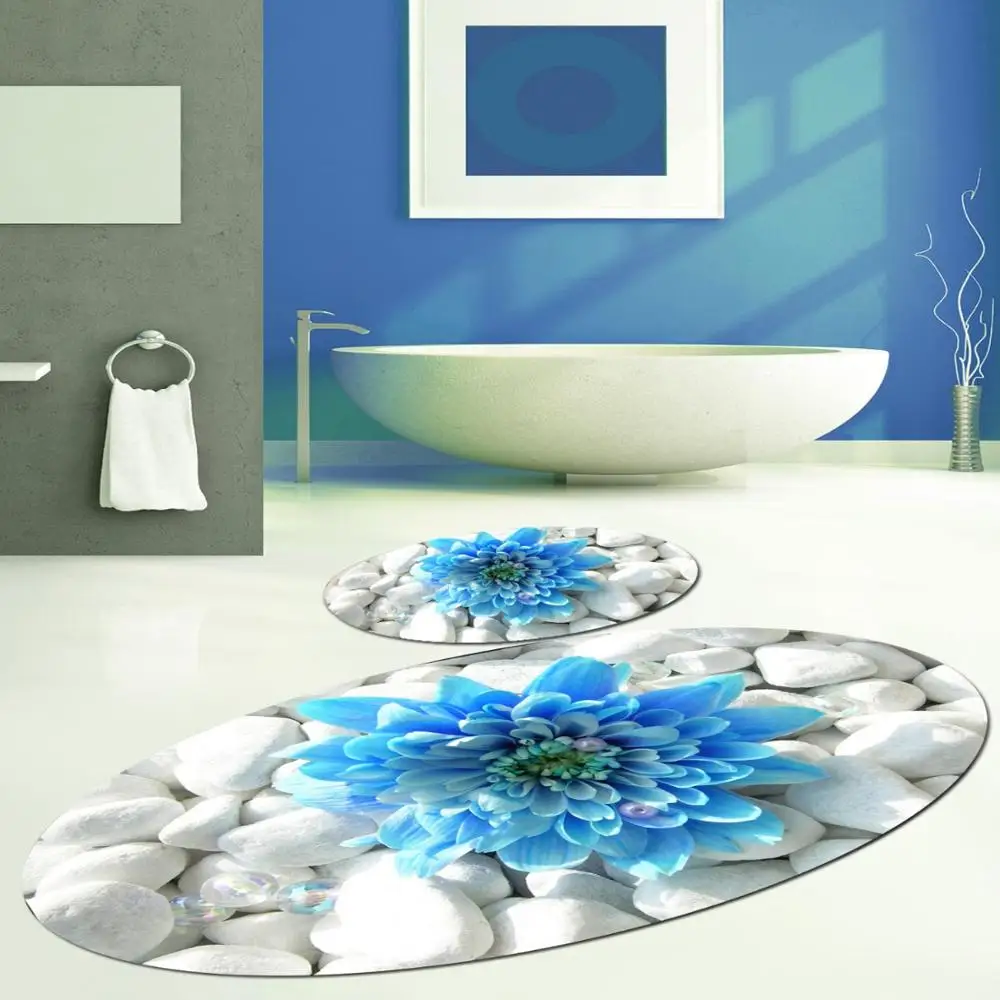 

Else White Gray Pebble Stones on Blue Flowers 2 Pcs 3d Pattern Print Bath Mats Anti Slip Soft Washable Bathroom Mat Toilet Rugs