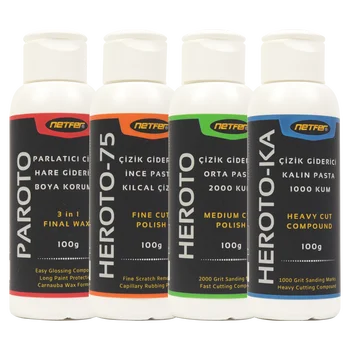 

Netfer All in One Set: Fine / Medium / Heavy Scratch Remover Polish Compounds and High Gloss Final Wax - Made in Turkey - 4x100g