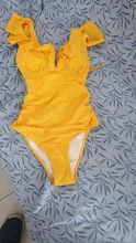 One-Piece Swimsuit Beachwear Women Monokini Ruffled SEASELFIE Yellow Sexy V-Neck Solid