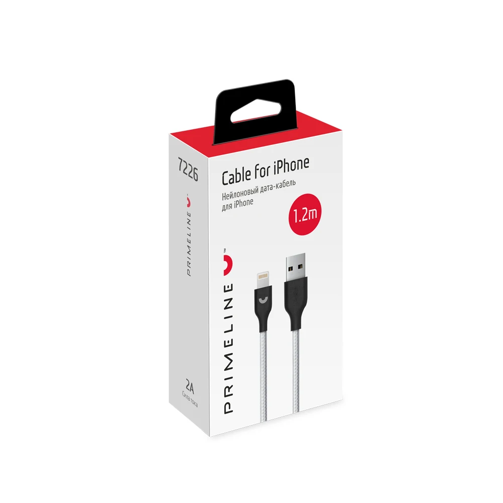 Дата-кабель USB- Lightning, нейлон, 1.2м, серебро, Prime Line