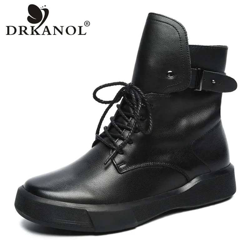 

DRKANOL 2023 Classic Black Luxury Women Boots Autumn Winter Warm Shoes 100% Genuine Leather Rubber Sole Casual Flat Ankle Boots
