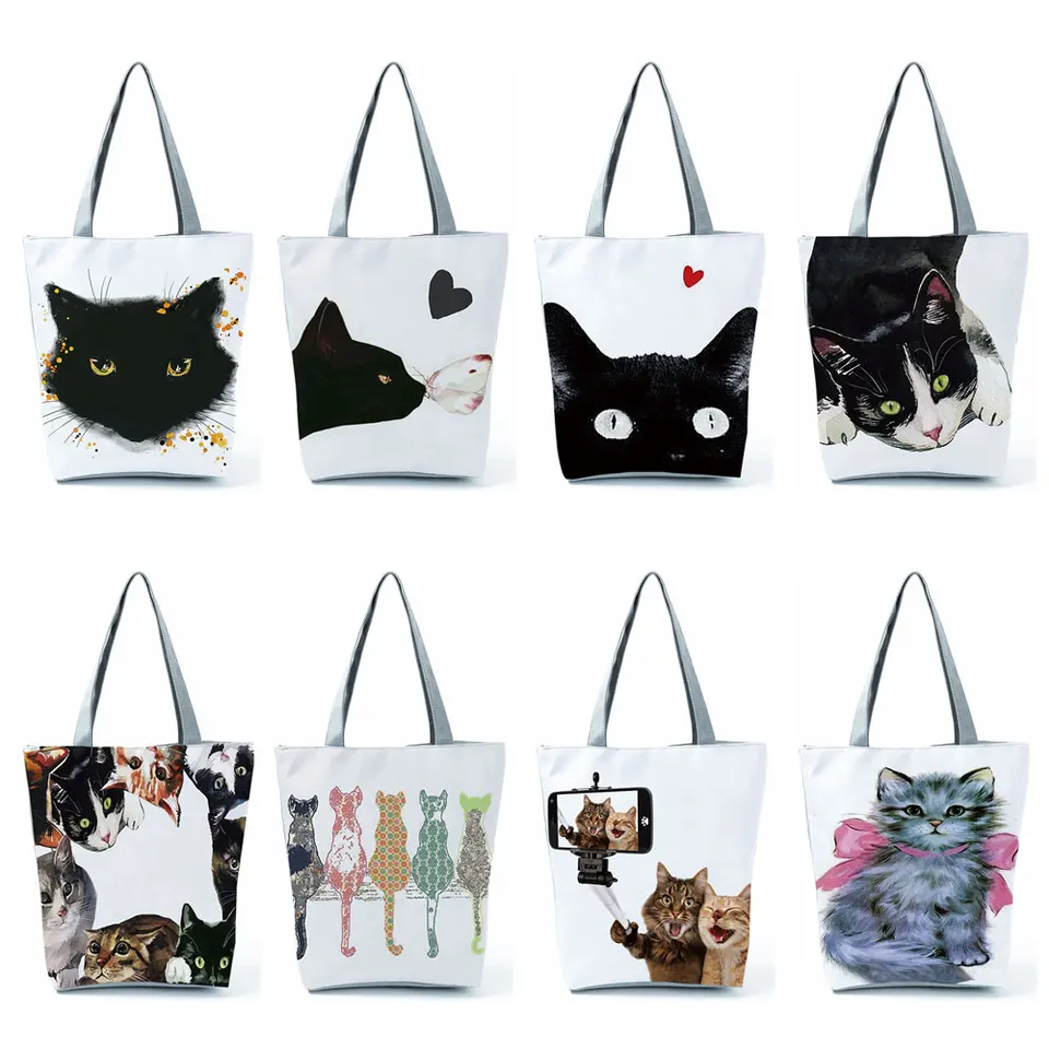 Wholesale Customize Cute Watercolor Cat Painting Print Womens Designer Tote  Bags Fabric Eco Reusable Shopping Shopper Bags School Book Bag From  m.