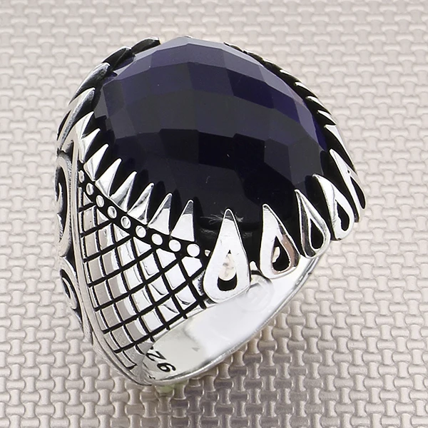 

Grid Drop Pattern Oval Blue Zircon Gemstone Men 925 Sterling Silver Ring Jewellery Handmade Ring made Natural Gemstone Men Ring