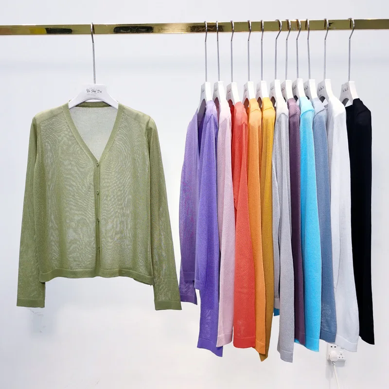 

Cardigan Women Korean Long Sleeve Cardigan Summer Cropped Cardigan Knitted V Neck Thin Ice Silk Sweaters Sunscreen Shirt Tops