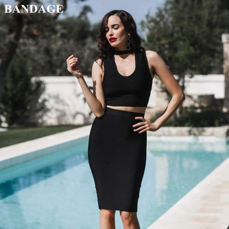 

BANDAGE Elegant Black Women 2 Pieces Set Bodycon Skirt Set Office Lady Bandage Outfits Party Crop Top and Pencil Skirts