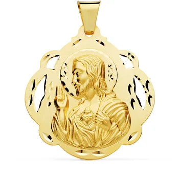 

18k gold pendant Heart of Jesus 42mm openwork carved edging [AC1023]