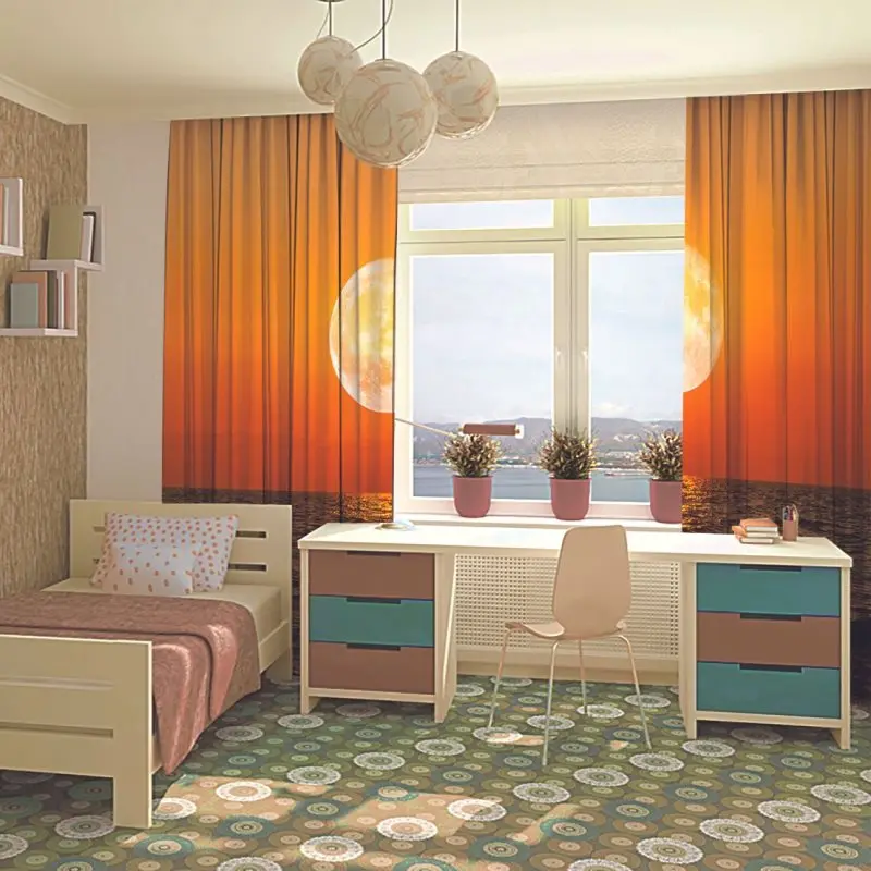 Full Moon Rising over Empty Ocean Night View Nature Romantic Peaceful Orange and Brown Seascape Printed Curtain
