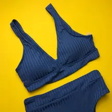 Womens Swimsuits Swimwear Bikini-Set Ribbed Push-Up Black INGAGA High-Waist Biquini