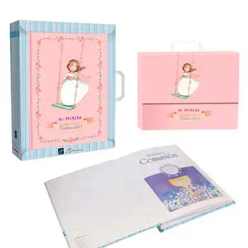 

Signature book First Communion with briefcase, Girl on swing set. Souvenir for holding the First Communion.