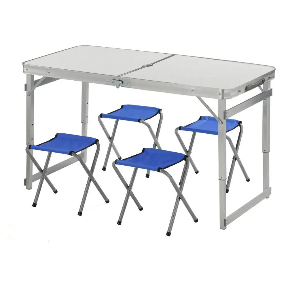 

Adjustable Folding Table and 4 Chairs 4 ft Aluminum Camp Utility Table with Handles and Umbrella Hole for Outdoor Indoor