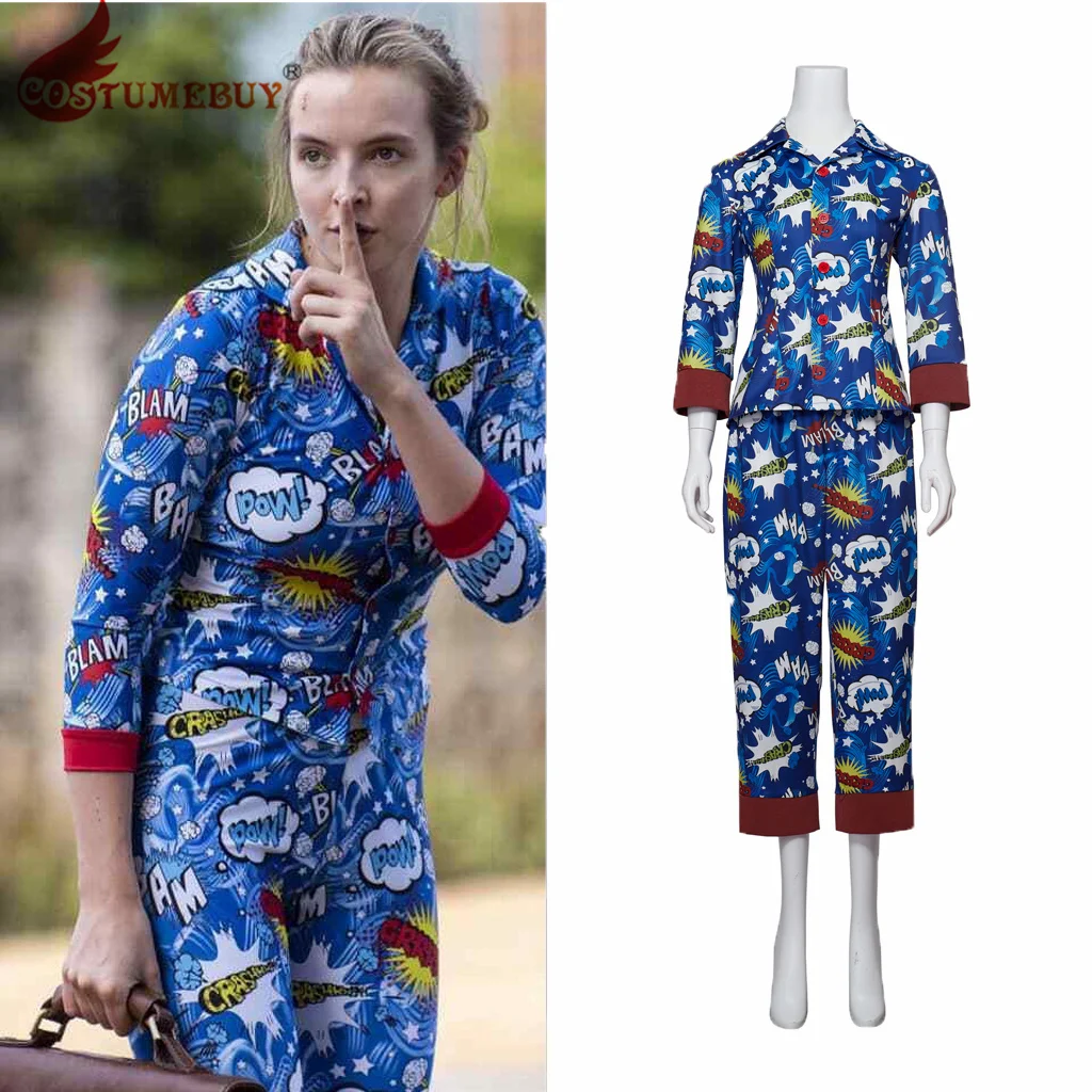 CostumeBuy Killing Eve Cosplay Pajamas Jodie Comer Villanelle Costume Sleepwear Blue Printed 2 Pieces Suit Pyjamas Set Halloween