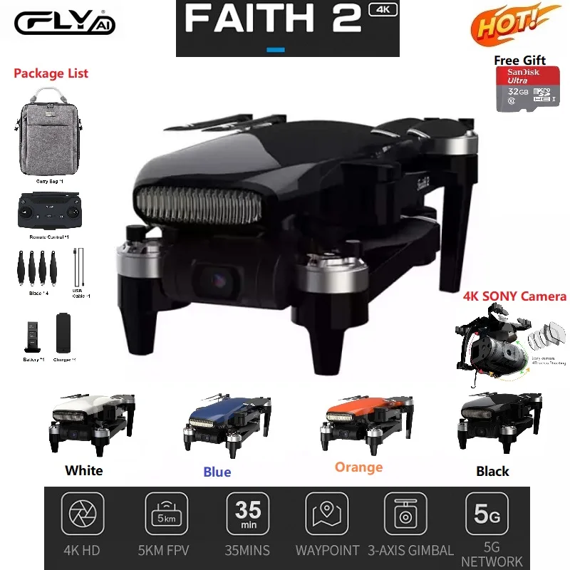 US $320.82 CFLY Faith 2 Drone 4k Professional GPS 5000m Safeguard Quadcopter with 3Axis Gimbal Camera 35min Flight Time Foldable Original