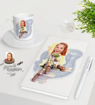 

Personalized Women 'S Caricature Of White Notebook Pen Turkish Coffee Cup set-17 with