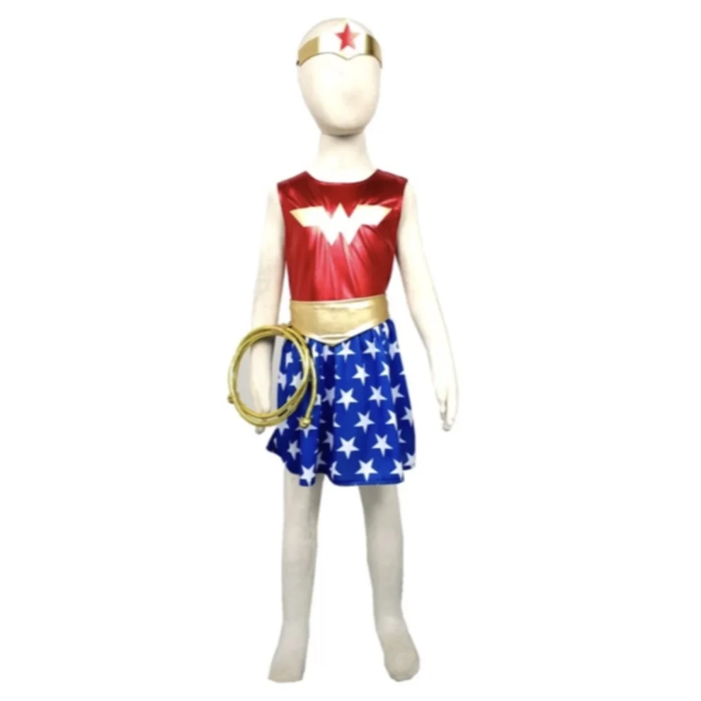 Children Summer Style Sleeveless Spandex 4 Pieces Sets Superhero Wonder Women Halloween Costumes for Kids Girls Cosplay Costume Kids Girls Dress Halloween Dress Outfit