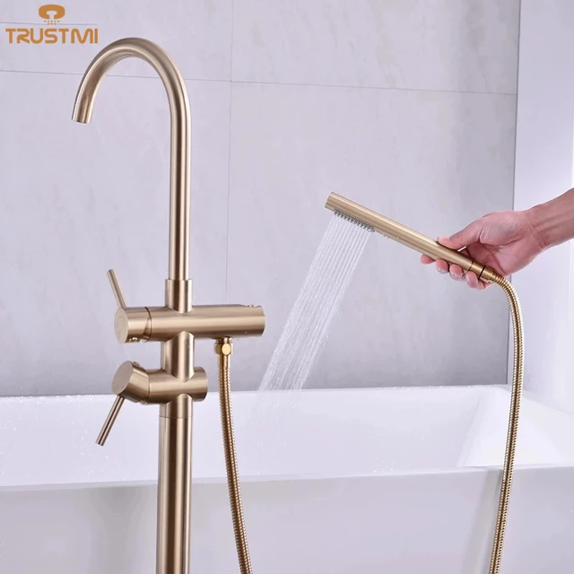Grifo de bañera independiente de oro cepillado, caño giratorio montado en  el suelo, grifo de ducha, grifo mezclador de bañera - AliExpress