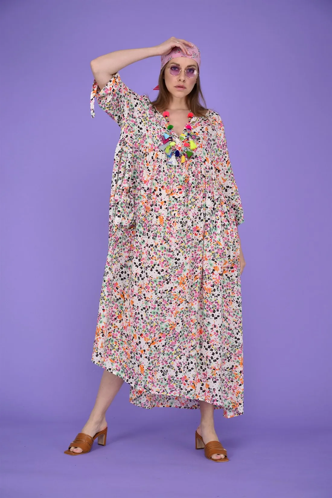 Crispy Floral Patterned 3-Buttoned Cotton Fabric Long Dress 2022 New Fashion Women's Clothing