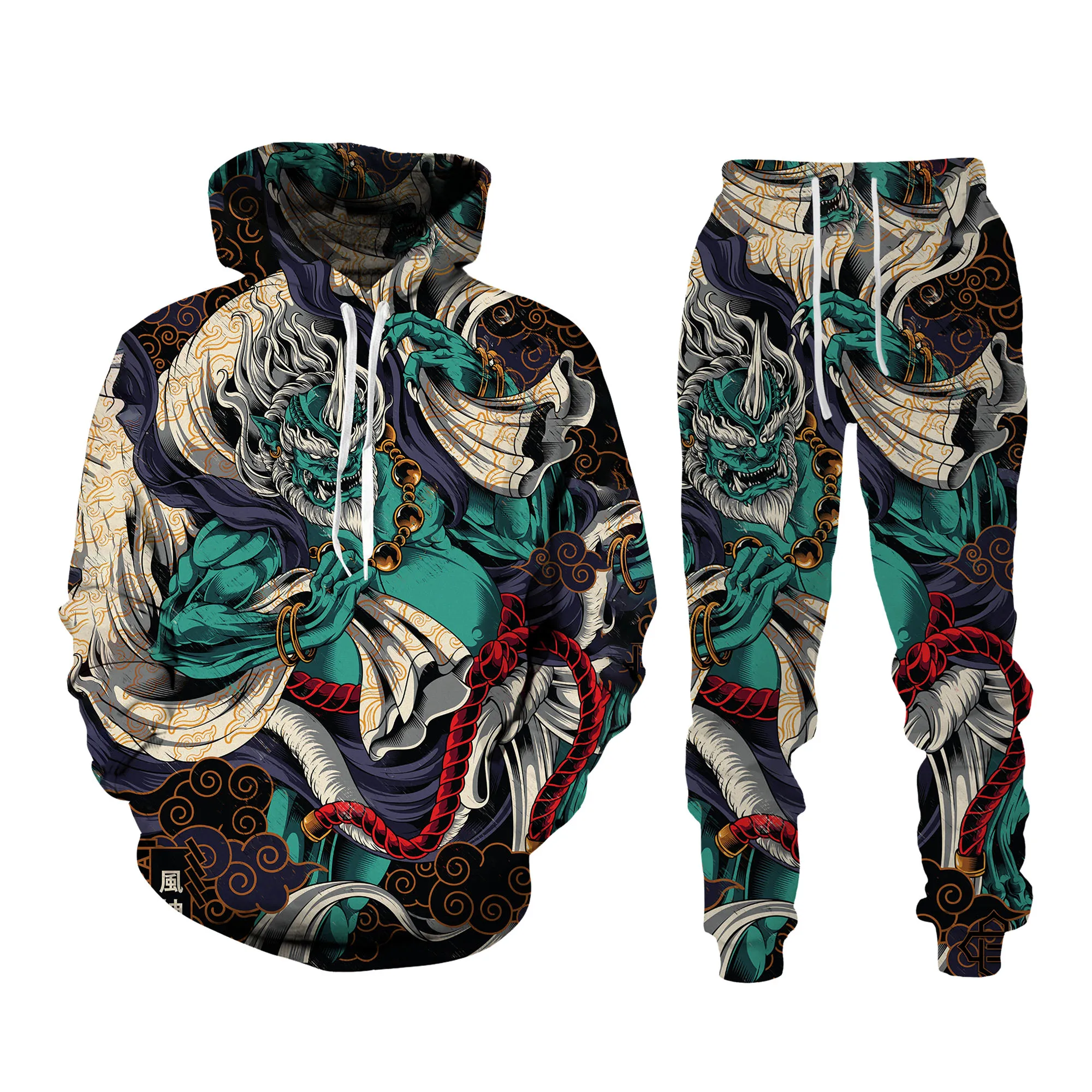 Autumn 3D Oriental Dragon God Printed Mens Hooded Sweater Set Male Japanese Samurai Tattoo Zipper 3d Tracksuit Men Clothing Suit mens jogger sets