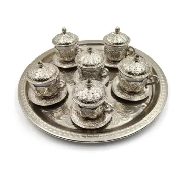 

Handmade authentic Design Turkish Greek Arabic Coffee Espresso Set for 6 Service, Cups Saucers Lids Tray Delight Candy Dish GIFT