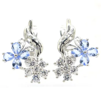 

21x14mm Fancy Created Rich Blue Violet Tanzanite White CZ SheCrown Silver Stud Earrings