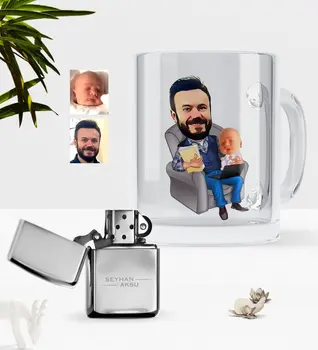 

Personalized Father Son Caricature Of Glass Mug Cup Gasoline Metal Lighter Seti-1