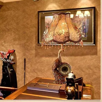 

European Style Classical Creativity Bedroom Lamp Art Peacock Foyer Light Villa Luxurious Table Lamp With Clock Free Shipping