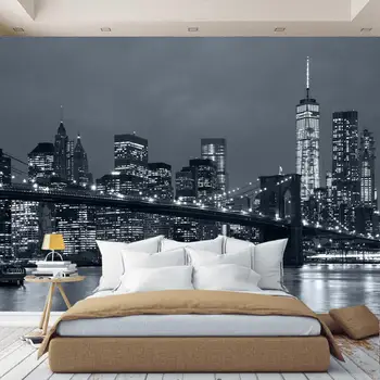

3D wall mural Brooklyn night City New York City, wall paper, for Hall, black and white, wallpaper expanding space