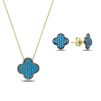 

Angemiel 925 Silver Nano Turquoise Gemstone Clover Set-Gold Plated