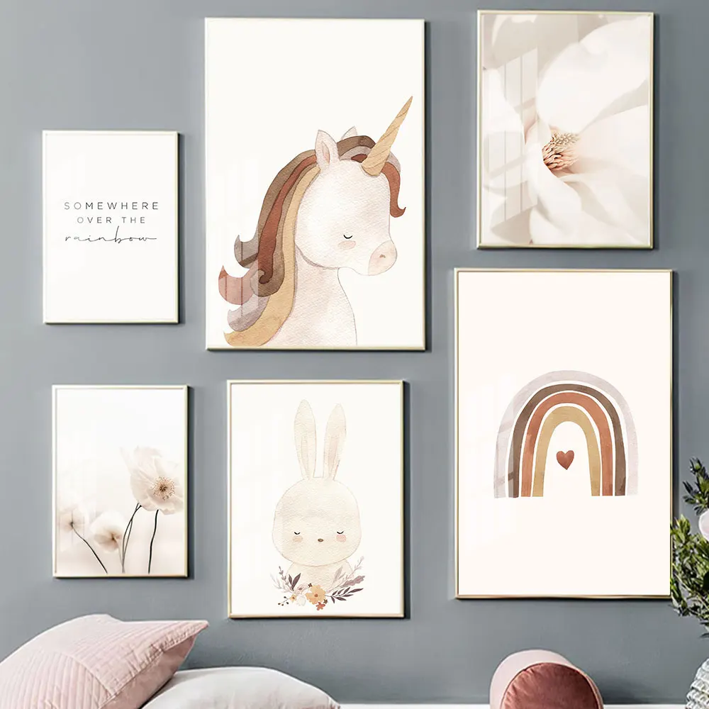 Nordic Nursery Poster flower Rainbow Heart Wall Art Print Rabbit Unicorn Canvas Painting Boho Decor Pictures Baby Kids Room |