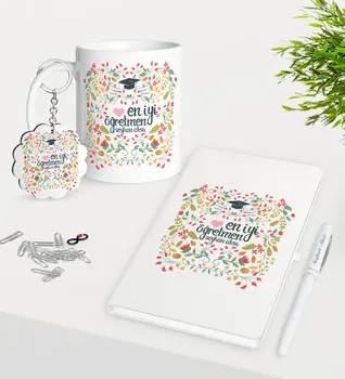 

Personalized Best Teacher Mug Keychain White Notebook Pen Gift Seti-15