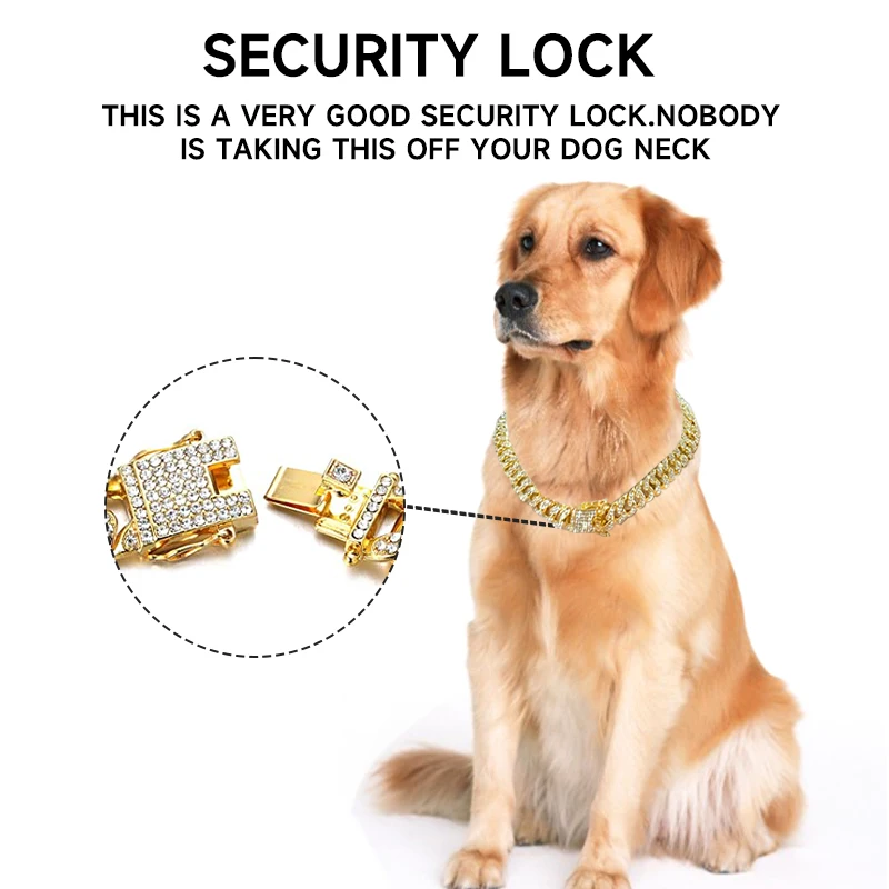 Rhinestone Dog Chain Collar Metal Strong Gold Cuban Link Dog Necklace Luxury Stainless Steel Puppy Cat Chain Collar Dog Jewelry