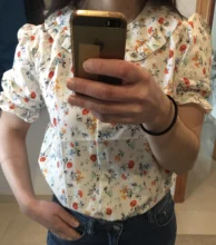 Vintage Shirt Blouses Short-Sleeve Womens Tops Floral-Print Ruffled Casual And