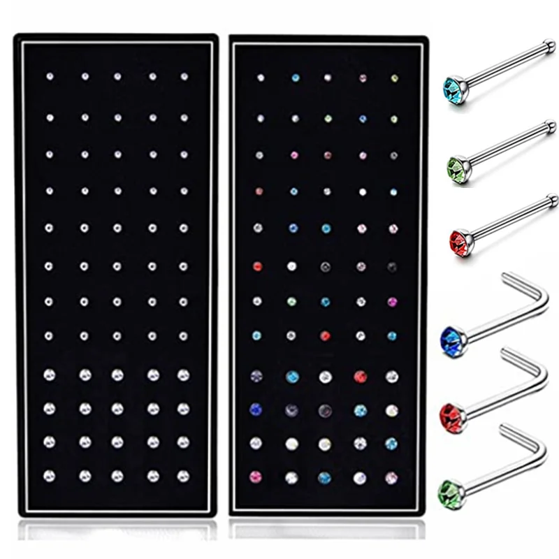 40/60pc/set Stainless Steel Piercing Lot L-shape Nose Stud 20g Crystal Straight Stud Nose Ring Set Simple Piercing Jewelry nose rings piercing jewelry nose studs body piercing jewelry body jewelry