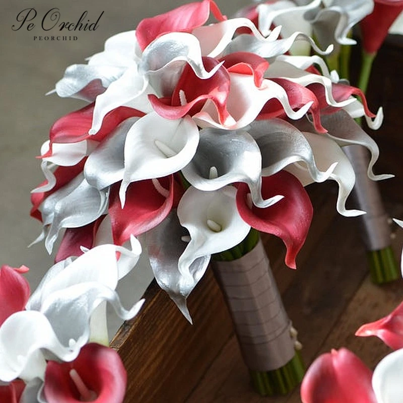 PEORCHID серебряные винно-красные свадебные букеты Calla Lilies цвета слоновой кости