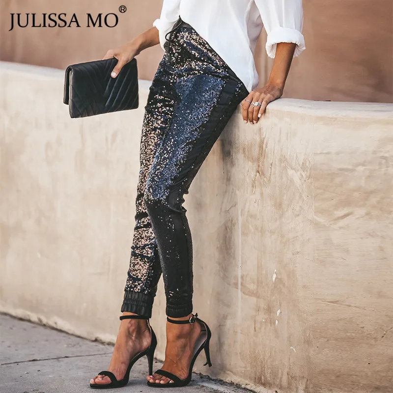 Julissa mo золотые блестками Bodycon Карандаш Брюки для женщин Повседневное Высокая талия на шнуровке брюки зима Рождественская вечеринка Pantalon Femme